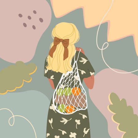 Vector colorful illustration of cute young girl with eco bag, trendy dressed on abstract backgrounds. Zero waste concept.のイラスト素材