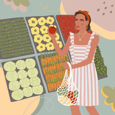 Vector colorful illustration of cute young girl with eco bag buy food in the store or market, trendy dressed on abstract backgrounds. Zero waste concept.のイラスト素材