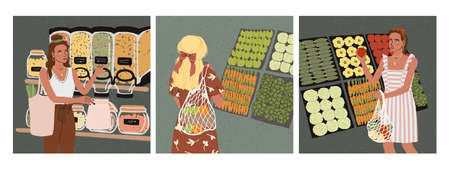Vector colorful set with illustrations of cute young girl with eco bag buy food in the store or market, trendy dressed on abstract backgrounds. Zero waste concept.のイラスト素材