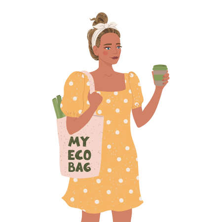Vector colorful illustration of cute young girl with eco bag and cup of coffee, trendy dressed on abstract backgrounds. Zero waste concept.のイラスト素材