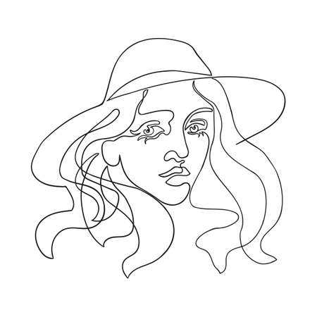 Vector outline black and white illustration of woman in hat. One line drawing isolated on white background. Use it for design card, poster, banner, social Media post, fashion print, beaty salon logoのイラスト素材