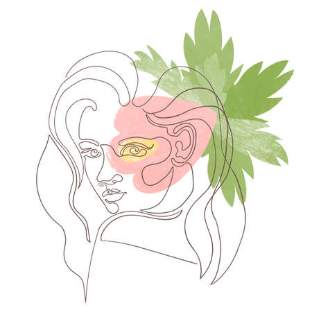 Vector outline illustration of woman gace on abstract floral background. One line drawing. Use it as greeting card, poster, banner, social media post, fashion print, invitation, sale, brochureのイラスト素材