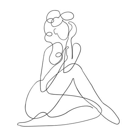 Vector outline black and white illustration of woman body. One line drawing isolated on white background. Use it for design card, poster, banner, social Media post, fashion print, beaty salon logoのイラスト素材