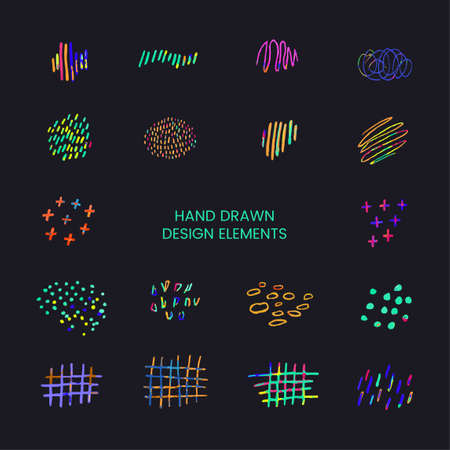 Vector colorful modern set with hand drawn doodle abstract llustrations. Can be used as elements for design greeting cards, poster, card, packaging paper designのイラスト素材