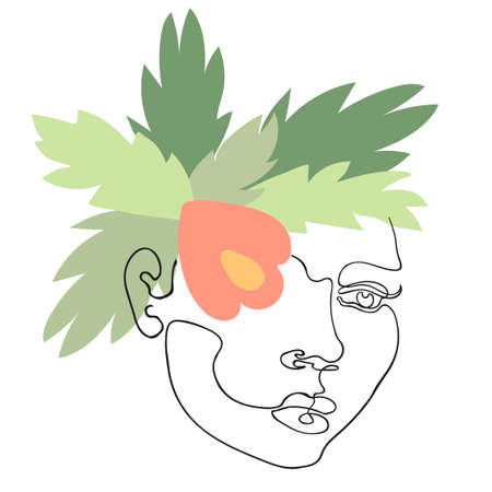 Vector outline illustration of woman gace on abstract floral background. One line drawing. Use it as greeting card, poster, banner, social media post, fashion print, invitation, sale, brochureのイラスト素材