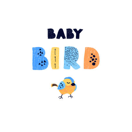 Vector illustration of bird and hand drawn lettering, Baby bird. Colorful typography design in Scandinavian style for postcard, banner, t-shirt print, invitation, greeting card, poster, graphic designのイラスト素材