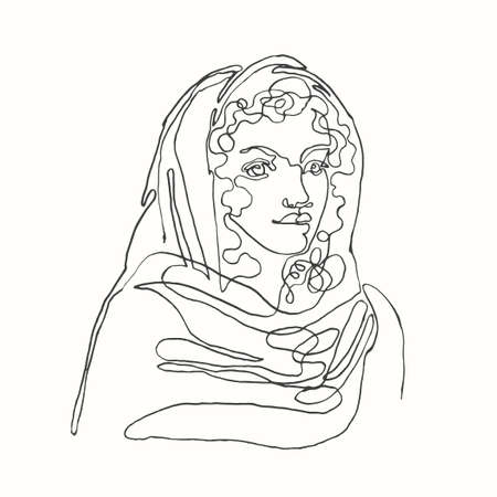 Vector outline black and white illustration of portrait woman in scarf. One line drawing isolated on white background. Use it for design card, poster, banner, social Media post, fashion print, beaty salon logoのイラスト素材
