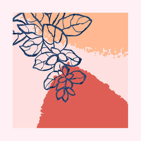 Vector collage modern poster with abstract shapes and illustration of plant. Scandinavian Style. For posters, textile print, wrapping paper, greeting card template, social media postのイラスト素材