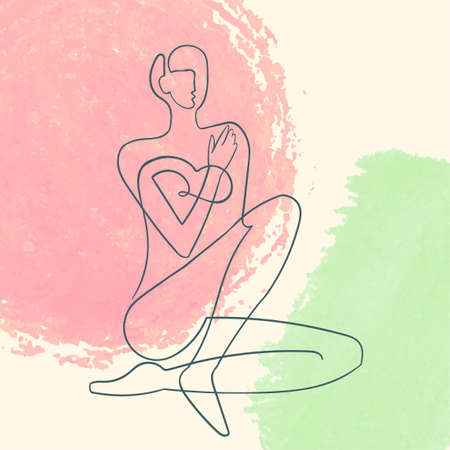 Vector outline illustration of woman body on abstract blobe background. One line drawing. Use it as greeting card, poster, banner, social media post, fashion print, invitation, sale, brochureのイラスト素材