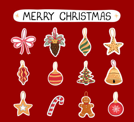 Vector modern colorful set with hand drawn doodle illustrations of christmas toys, stickers. Use it as elements for design greeting cards , poster, card, packaging paper designのイラスト素材