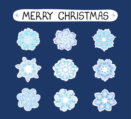 Vector modern colorful Christmas set with illustrations of snowflakes, sticker pack. Use it as elements for design greeting cards , poster, card, packaging paper designのイラスト素材