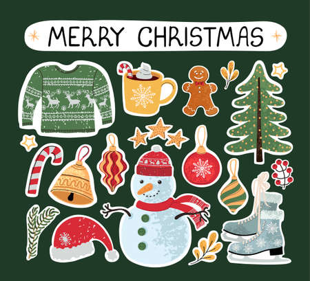 Vector modern colorful set with hand drawn doodle illustrations of christmas objects and lettering, stickers. Use it as elements for design greeting cards , poster, card, packaging paper designのイラスト素材