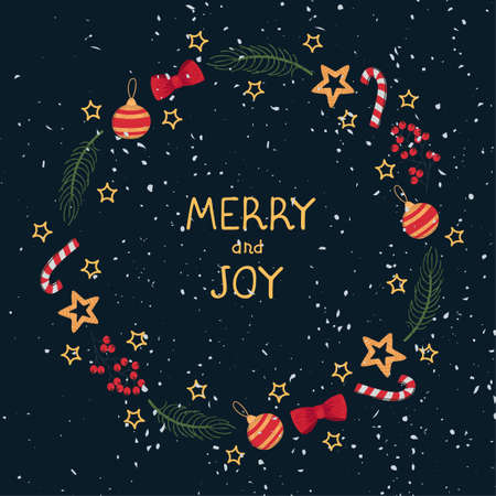 Vector christmas wreath template with lettering Merry ang Joy. Hand draw frame. Use as invitation, greeting card, poster, banner, Social Media design post, placard, brochure and other graphic designのイラスト素材