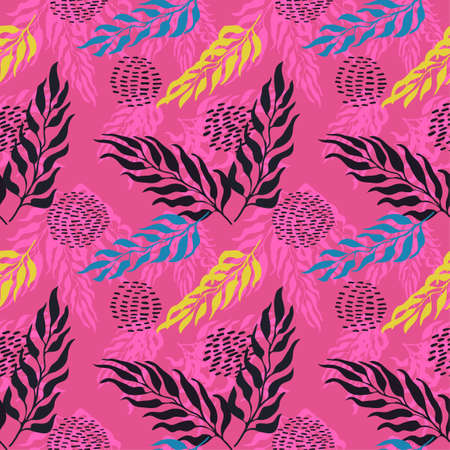 Vector seamless pattern with colorful watercolor illustration of exotic leaves. Use it for wallpaper, textile print, pattern fills, web page, surface textures, wrapping paper, design of presentationのイラスト素材