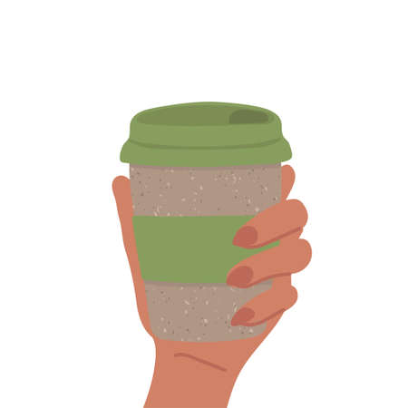 Vector colorful illustration of reusable eco cup of coffee hold in hands. Zero waste concept.のイラスト素材