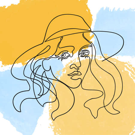Vector outline colorful illustration of woman in hat. One line drawing on abstract paint background. Use it for design card, poster, banner, social Media post, fashion print, beauty salonの写真素材