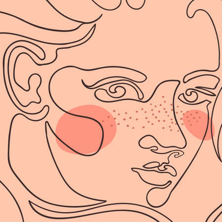 Vector outline colorful illustration of portrait woman. One line drawing. Use it for design card, poster, banner, social Media post, fashion printのイラスト素材
