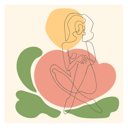 Vector outline illustration of woman body on abstract blobe background. One line drawing. Use it as greeting card, poster, banner, social media post, fashion print, invitation, sale, brochureのイラスト素材