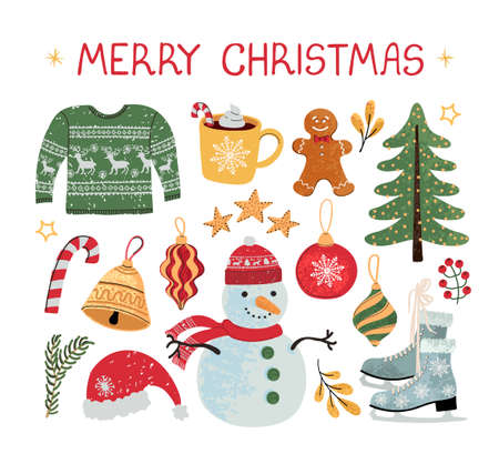 Vector modern colorful set with hand drawn doodle illustrations of christmas objects and lettering, stickers. Use it as elements for design greeting cards , poster, card, packaging paper designのイラスト素材