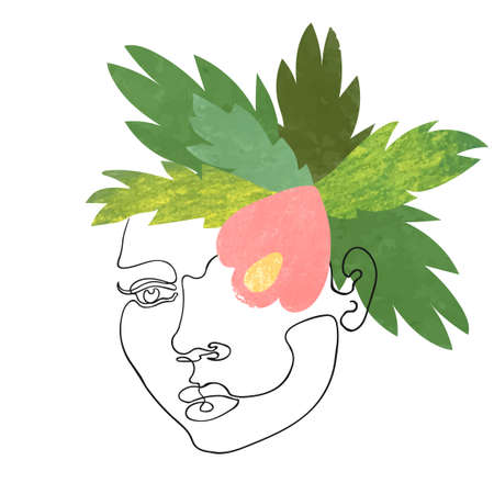 Vector outline illustration of woman gace on abstract floral background. One line drawing. Use it as greeting card, poster, banner, social media post, fashion print, invitation, sale, brochureのイラスト素材