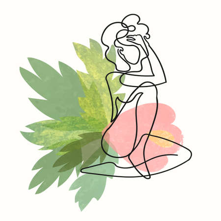 Vector outline illustration of woman body on abstract blobe background. One line drawing. Use it as greeting card, poster, banner, social media post, fashion print, invitation, sale, brochureのイラスト素材