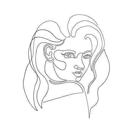 Vector outline black and white illustration of portrait woman in. One line drawing isolated on white background. Use it for design card, poster, banner, social Media post, fashion print, beaty salonのイラスト素材