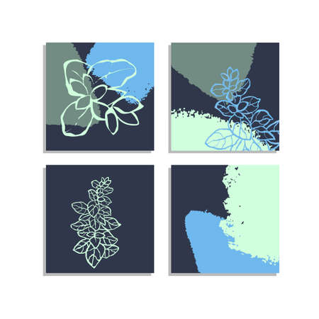 Vector set of collage modern poster with abstract shapes and illustration of plant. Scandinavian Style. For posters, textile print, wrapping paper, greeting card template, social media postのイラスト素材