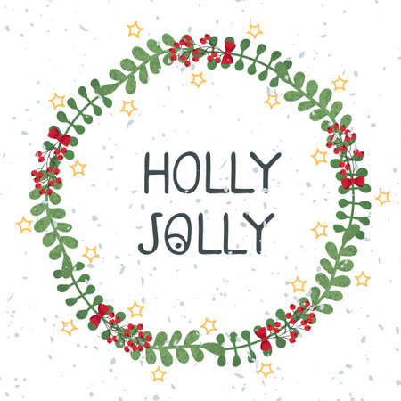 Vector christmas wreath template. Lettering Holly Jolly. Hand draw frame. Use as invitation, greeting card, poster, banner, Social Media design post, cover, placard, brochure, other graphic designのイラスト素材