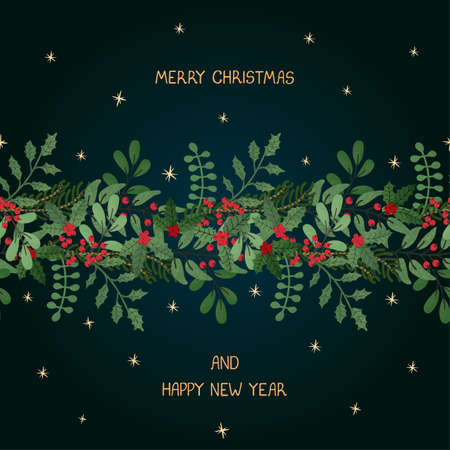 Vector christmas greeting card with illustration of wreath. Use it as invitation, greeting card, poster, banner, Social Media design post, flyer, cover, placard, brochure and other graphic designのイラスト素材