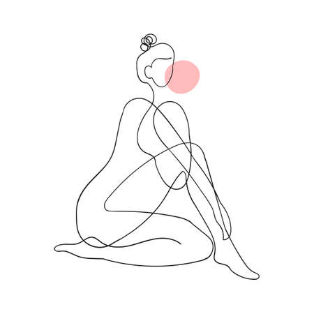 Vector outline black and white illustration of woman body. One line drawing isolated on white background. Use it for design card, poster, banner, social Media post, fashion print, beaty salonのイラスト素材