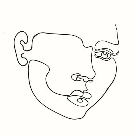 Vector outline black and white illustration of portrait woman. One line drawing isolated on white background. Use it for design card, poster, banner, social Media post, fashion print, beaty salonのイラスト素材