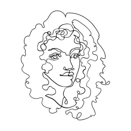 Vector outline black and white illustration of portrait woman. One line drawing isolated on white background. Use it for design card, poster, banner, social Media post, fashion print, beaty salonのイラスト素材