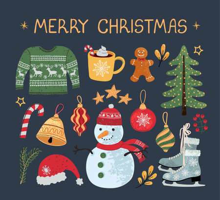 Vector modern colorful set with hand drawn doodle illustrations of christmas objects and lettering, stickers. Use it as elements for design greeting cards , poster, card, packaging paper designのイラスト素材