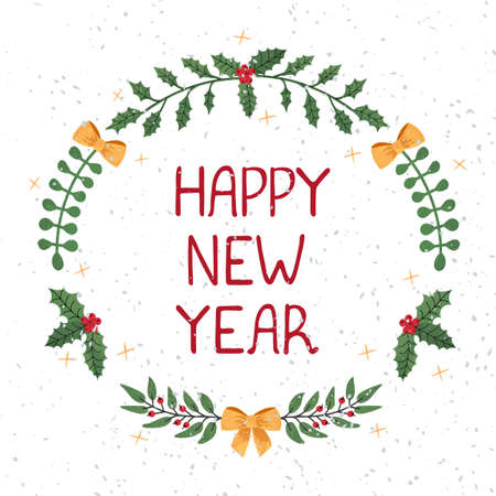 Vector christmas wreath template. Lettering Happy New Year. Hand draw frame. Use as invitation, greeting card, poster, banner, Social Media design post, cover, placard, brochure, other graphic designのイラスト素材