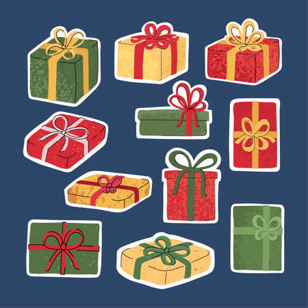 Vector colorful set of stickers with illustrations of Christmas gift isolated on blue background. Use it as elements for design greeting cards , poster, card, packaging paper designのイラスト素材