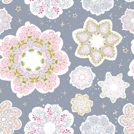 Vector modern seamless pattern with colorful hand draw illustration of snowflakes. Use it for wallpaper, textile print, fills, web page, surface textures, wrapping paper, design of presentationのイラスト素材