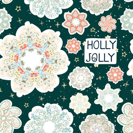 Vector modern greeting card with colorful hand draw illustration of snowflakes. Merry christmas. Use it as elements for design poster, card, fills, web page, wrapping paper, design of presentationのイラスト素材