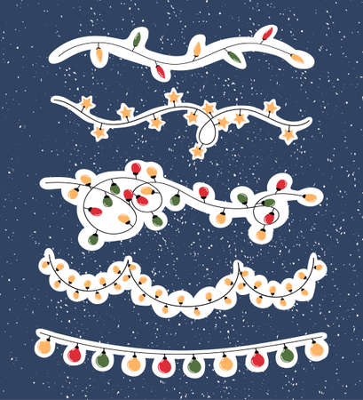 Vector modern colorful set with illustrations of twinkle lights Christmas decorations, stickers. Use it as elements for design greeting cards , poster, card, packaging paper designのイラスト素材
