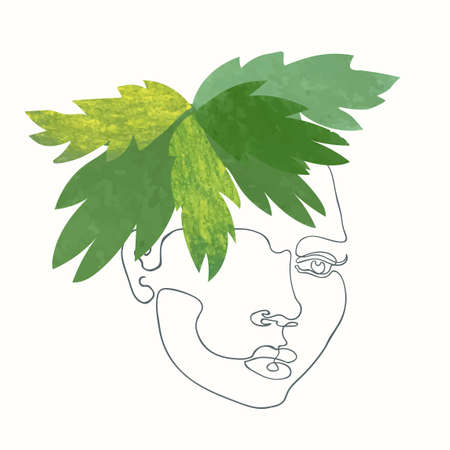 Vector outline illustration of woman face with exotic leaves. One line drawing. Greeting card, poster, banner, social media post, fashion print, invitation, sale, brochureのイラスト素材