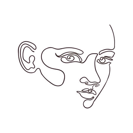 Vector outline black and white illustration of portrait woman in. One line drawing isolated on white background. Use it for design card, poster, banner, social Media post, fashion print, beauty salonのイラスト素材