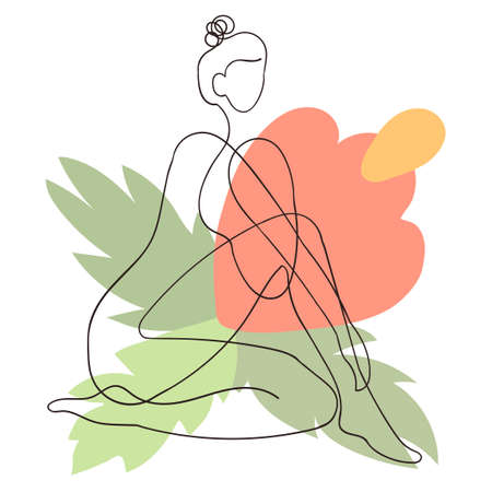 Vector outline illustration of woman body on abstract blobe background. One line drawing. Use it as greeting card, poster, banner, social media post, fashion print, invitation, sale, brochureのイラスト素材