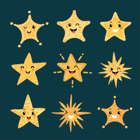 Vector colorful modern set with hand draw llustrations of star shape with emotions. Use it for your design for greeting cards, nursery, poster, card, birthday party, packaging paper design, baby t-shirts printsのイラスト素材