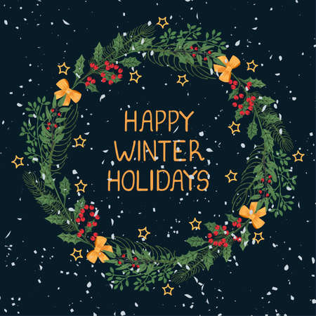 Vector christmas wreath template. Hand draw frame. Use it as invitation, greeting card, poster, banner, Social Media design post, flyer, cover, placard, brochure and other graphic design. Happy winter holidaysのイラスト素材
