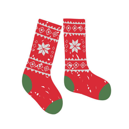 Vector colorful illustration of winter socks with Christmas pattern in diamonds isolated on white backgroundのイラスト素材