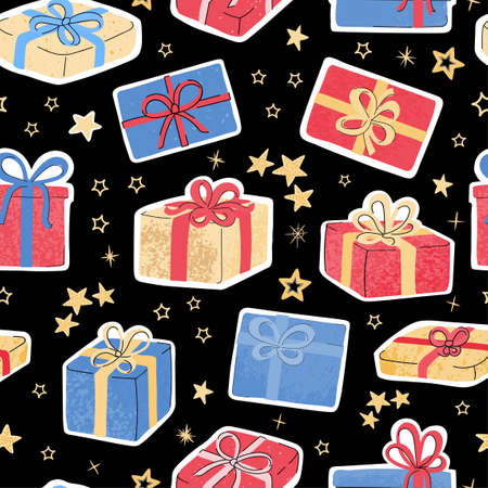 Vector modern seamless pattern with colorful hand draw illustration of christmas gifts. For wallpaper, textile print, pattern fills, web page, surface textures, wrapping paper, design of presentationのイラスト素材