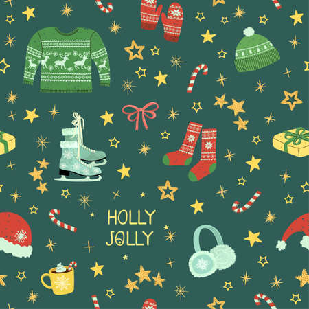 Vector seamless pattern with colorful illustrations of Christmas items. Use it for textile print, pattern fills, web page, wrapping paper, design of presentation and other graphic designのイラスト素材