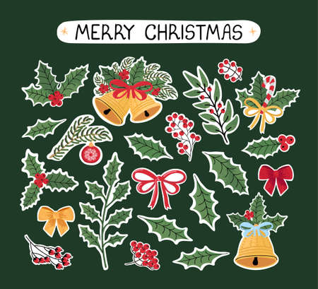 Vector modern colorful set with hand drawn doodle illustrations of christmas objects and lettering, stickers. Use it as elements for design greeting cards , poster, card, packaging paper designのイラスト素材