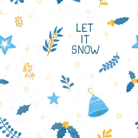 Vector modern seamless pattern with colorful hand draw illustration of Christmas items. Use it for wallpaper, textile print, fills, web page, surface textures, wrapping paper, design of presentationのイラスト素材