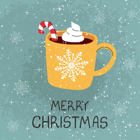 Vector modern greeting card with colorful hand draw illustration of mug with cocoa and Christmas cane. Merry christmas. For design poster, card, banner, t-shirt print, invitation, greeting card