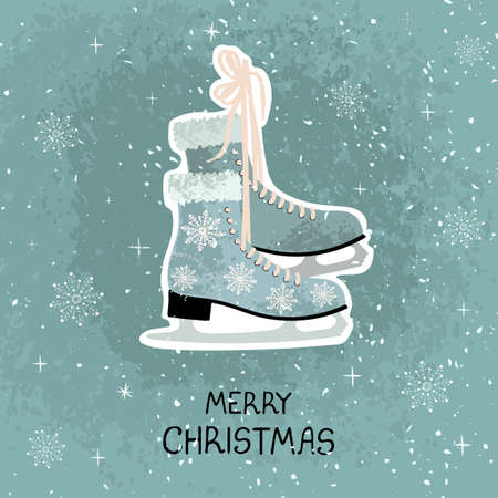 Vector modern greeting card with colorful hand draw illustration of skates for figure skating. Merry christmas. Use it for design poster, card, banner, t-shirt print, invitation, greeting cardのイラスト素材